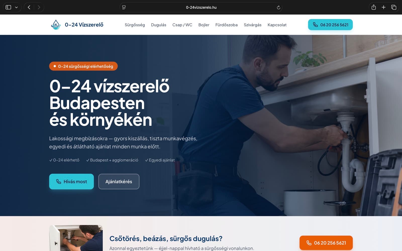 0–24 Vízszerelő — konverziós weboldal